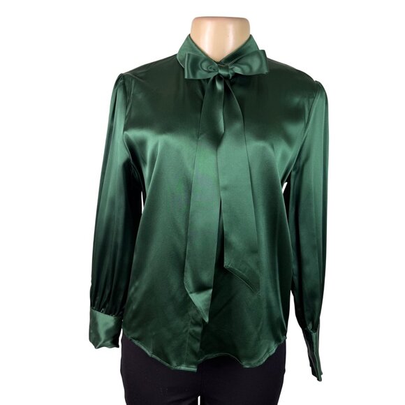 Lilysilk Tops - LilySilk Womens Green Mulberry Silk Bow-Tie Blouse Satin Button Cuffs Sz M